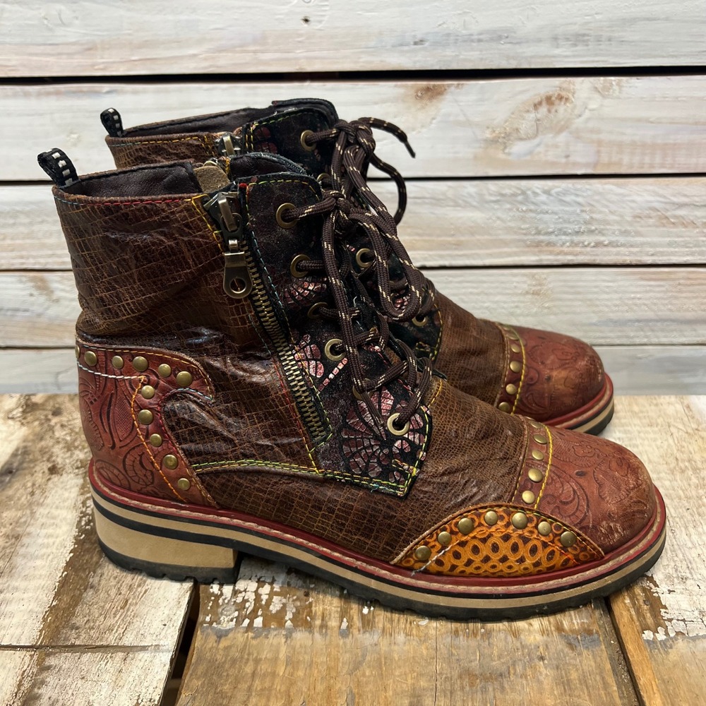 Spring Step L'Artiste Leather Combat Boots Studded Patchwork Floral Size 40